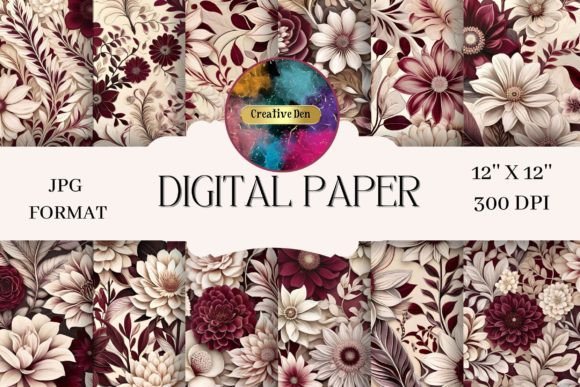 12 Burgundy and Cream Floral Papers