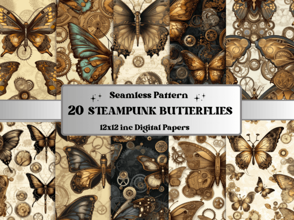 Seamless Steampunk Butterfly Pattern Set