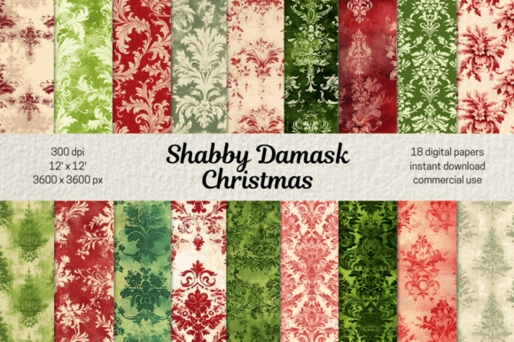 Shabby Damask Christmas Digital Paper Bundle: A Timeless Addition to Your Holiday Creations